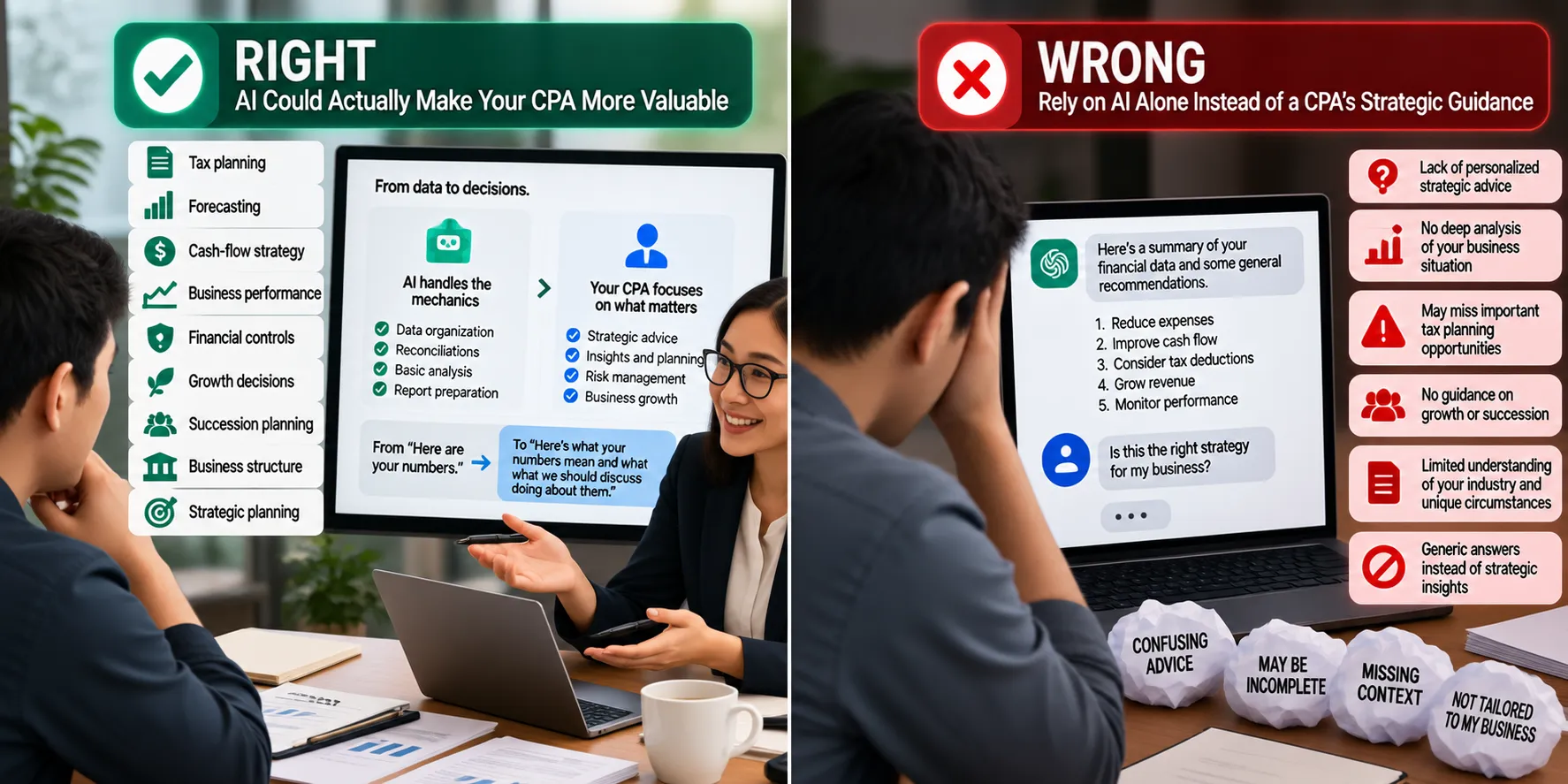 Split-screen comparison showing how AI can make a CPA more valuable by handling routine accounting tasks while the CPA focuses on tax planning, forecasting, cash-flow strategy, business performance, and growth decisions on the left, versus relying on generic AI advice without personalized professional guidance on the right.