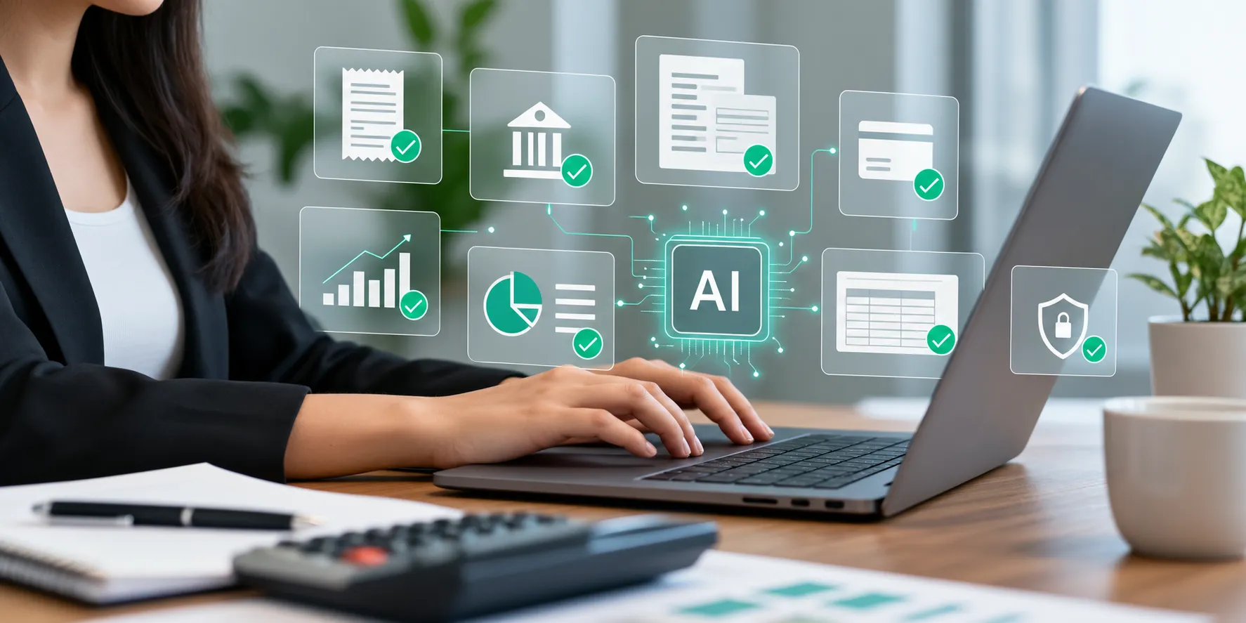 Professional businesswoman using a laptop while AI-powered financial tools visualize transactions, invoices, reporting, banking, expense management, and security around her workspace.