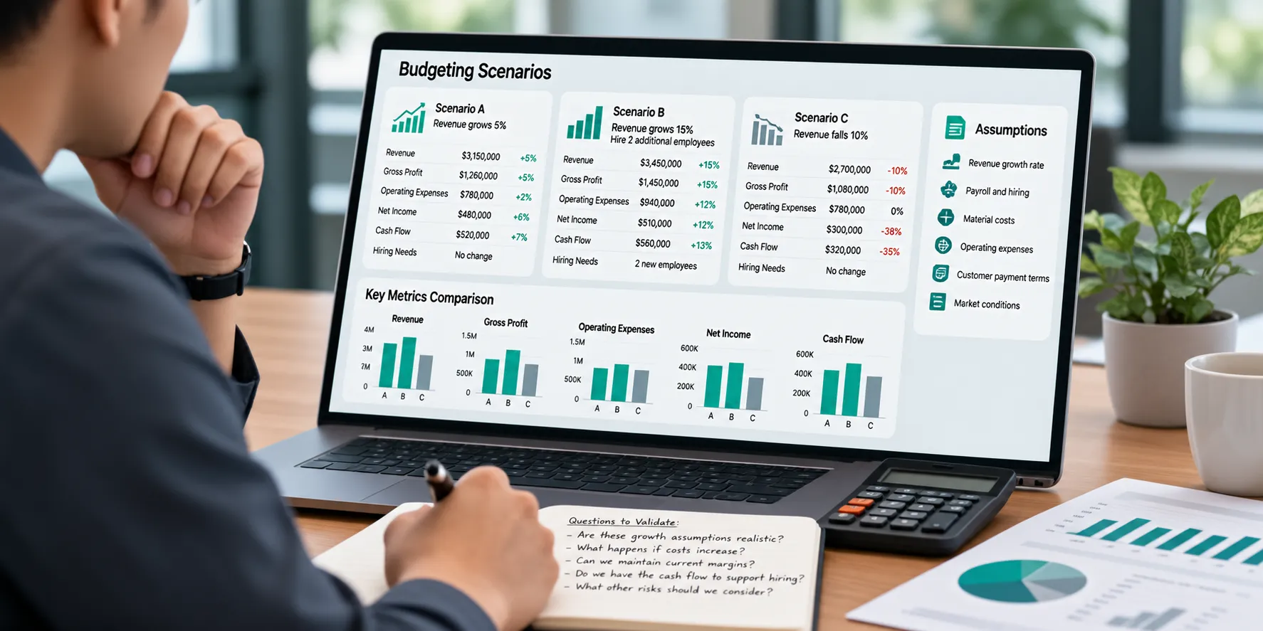 Business owner reviewing AI-generated budgeting scenarios that compare revenue growth and decline, payroll changes, operating expenses, net income, cash flow, and hiring needs while evaluating the assumptions behind each forecast.