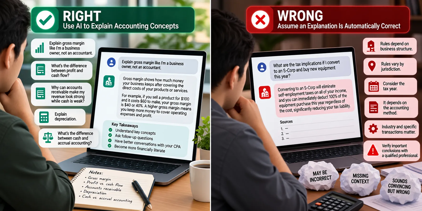 Split-screen comparison showing the right way to use AI to understand accounting concepts on the left, with human learning and note-taking, versus the wrong approach on the right, where an AI-generated financial explanation is accepted without verifying tax rules, jurisdiction, accounting methods, or professional context.