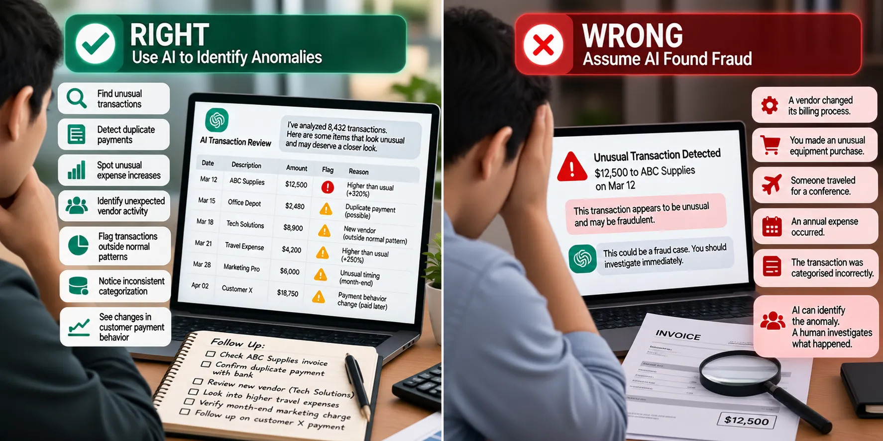 Split-screen comparison showing AI identifying unusual transactions, duplicate payments, expense increases, and other anomalies for human review on the left, versus incorrectly treating an unusual transaction as confirmed fraud without investigating the surrounding context on the right.