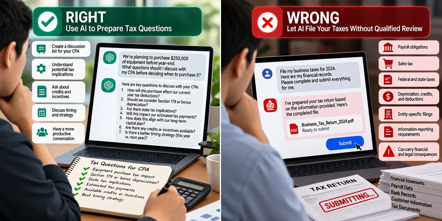 Split-screen comparison showing the right use of AI to prepare thoughtful tax questions for a CPA on the left, versus the wrong approach of allowing AI to file business taxes without qualified review on the right, highlighting payroll, sales tax, deductions, credits, and filing requirements.