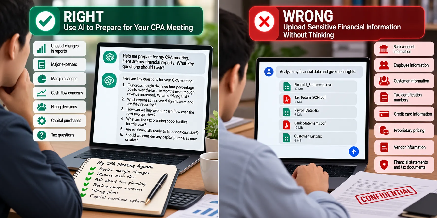 Split-screen comparison showing the right use of AI to prepare thoughtful questions for a CPA meeting on the left, versus the wrong practice of uploading sensitive financial records such as bank statements, payroll data, tax documents, and customer information without considering privacy and security risks on the right.