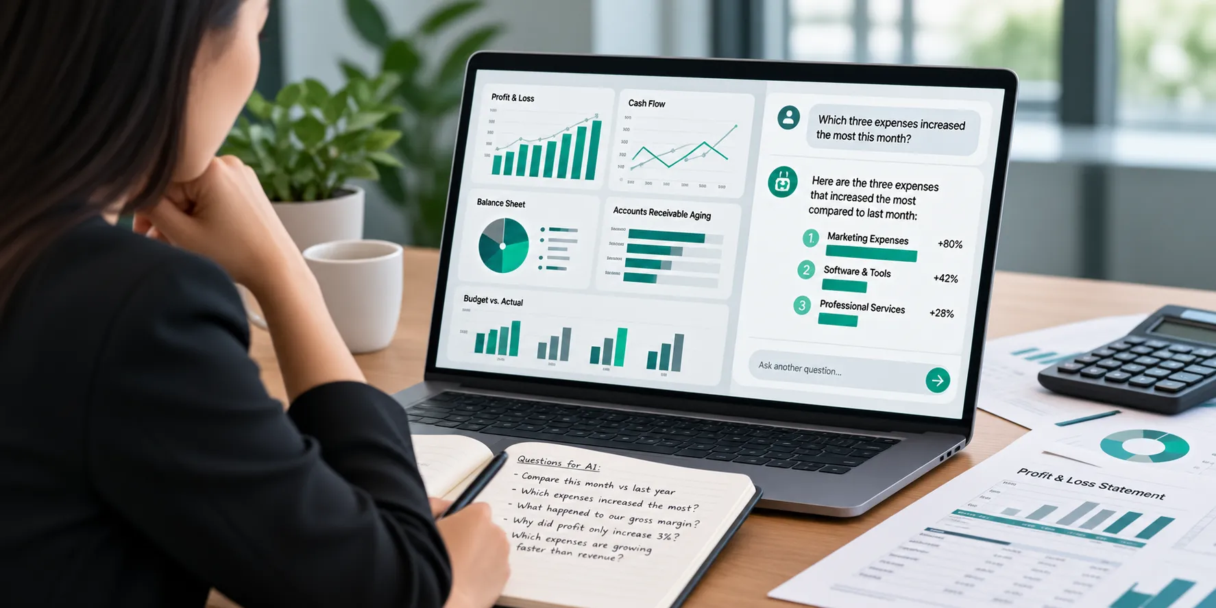 Business owner reviewing financial reports with AI-assisted analysis on a laptop, comparing profit and loss, cash flow, balance sheet, accounts receivable, and budget data while considering expense changes and financial context.