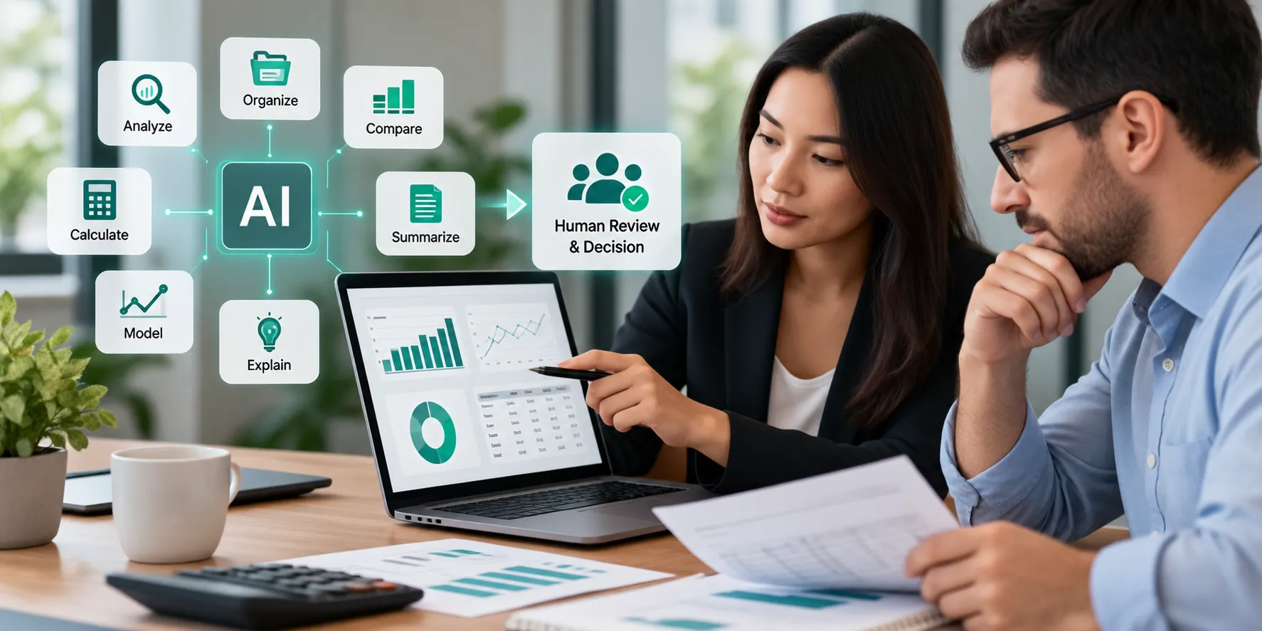 Business leaders reviewing AI-generated financial insights together, with AI handling analysis and organization while human professionals verify the information and make important financial decisions.
