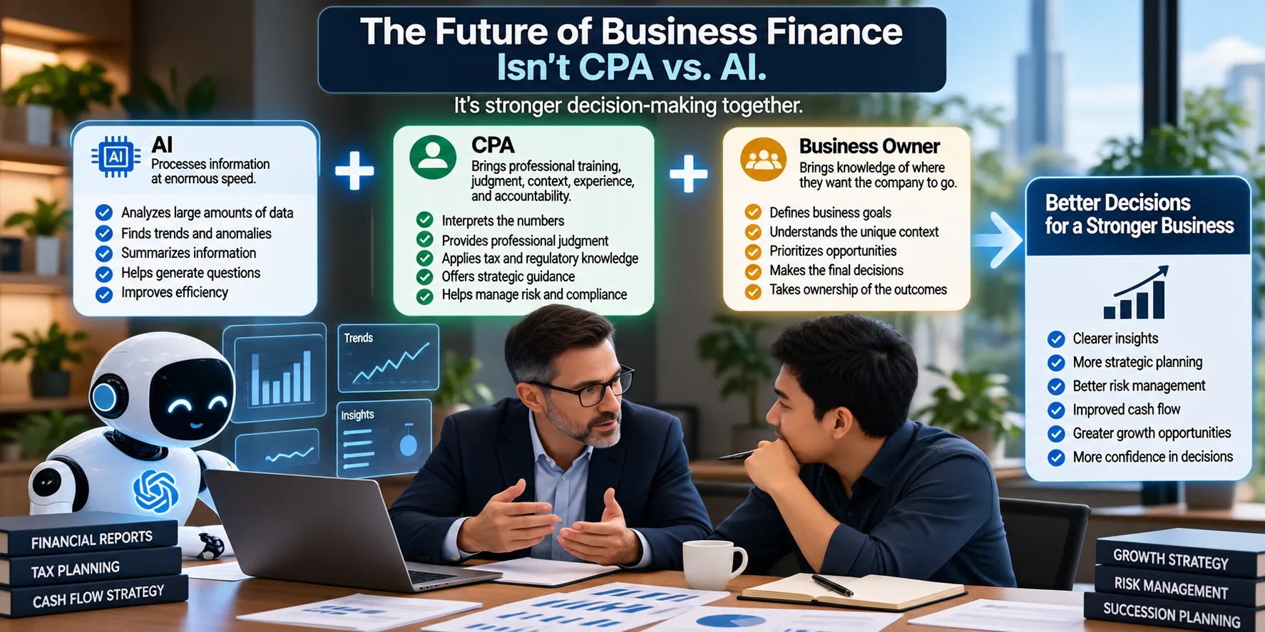 AI, a CPA, and a business owner collaborating on financial strategy, illustrating how AI provides speed and data analysis, the CPA contributes professional judgment and context, and the business owner provides goals and direction to support better business decisions.
