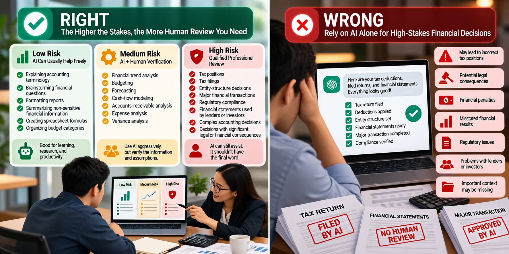 Split-screen comparison showing a tiered approach to AI use on the left, with low-risk tasks requiring little oversight, medium-risk analysis requiring verification, and high-risk financial decisions requiring professional review, versus the wrong approach on the right of relying on AI alone for tax, legal, regulatory, and other high-stakes financial decisions.
