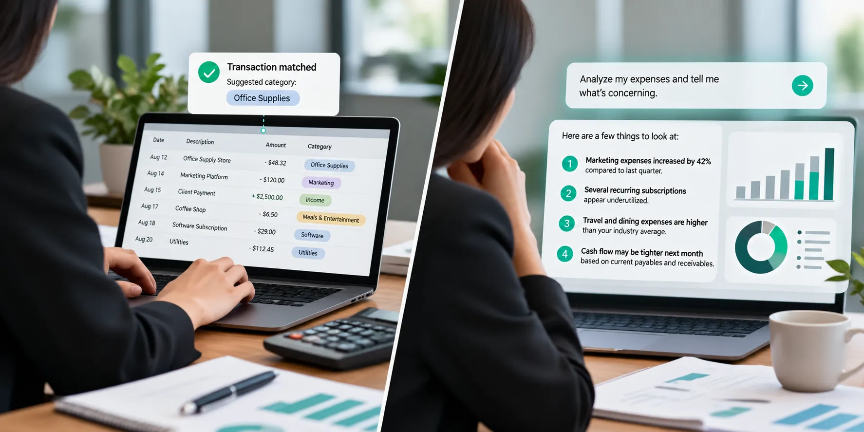 Split-screen comparison of traditional accounting automation and generative AI, showing transaction categorization on one side and broader expense analysis with financial insights on the other.