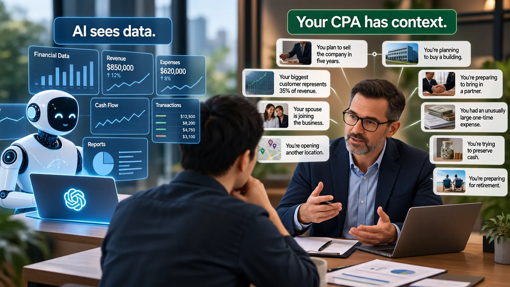 Business owner meeting with a CPA who provides personalized financial guidance while AI analyzes financial data, illustrating how business plans, customers, expansion, major expenses, cash goals, and retirement plans add important context that data alone cannot capture.